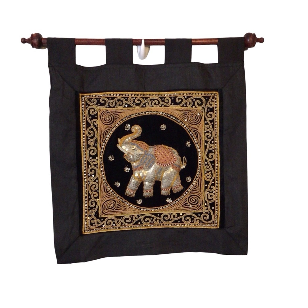 Vintage Thai Burmese Kalaga Elephant Tapestry Sequined Embroidered Wall Hanging